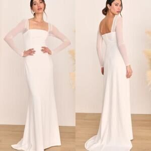 Large Lovingly Yours Mesh Long Sleeve Classic Wedding Dress White Rehearsal 90s